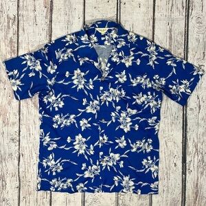 Hawaiian Floral Blue Vintage Button Down Short Sleeve Summer Shirt